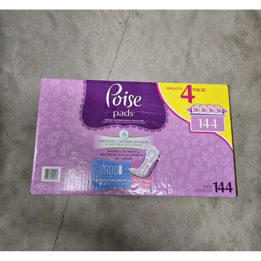New Sealed Case Poise Ultimate Absorbency Regular Length 144 Pads